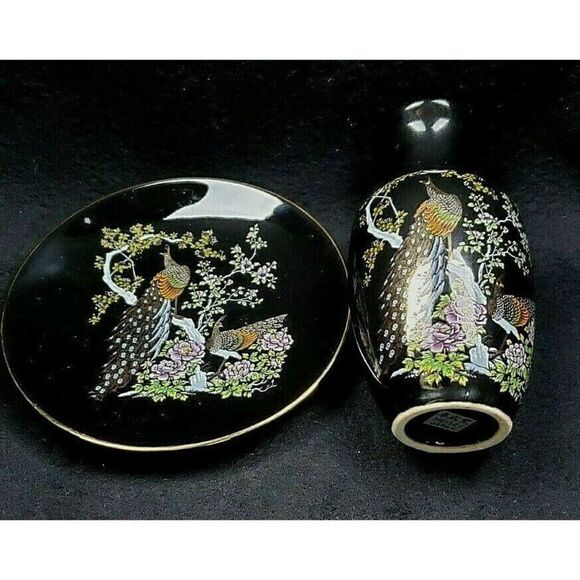Vintage Black Porcelain Gold Trim Peacocks Floral Design Vase Plate Set Japan - Picture 3 of 5